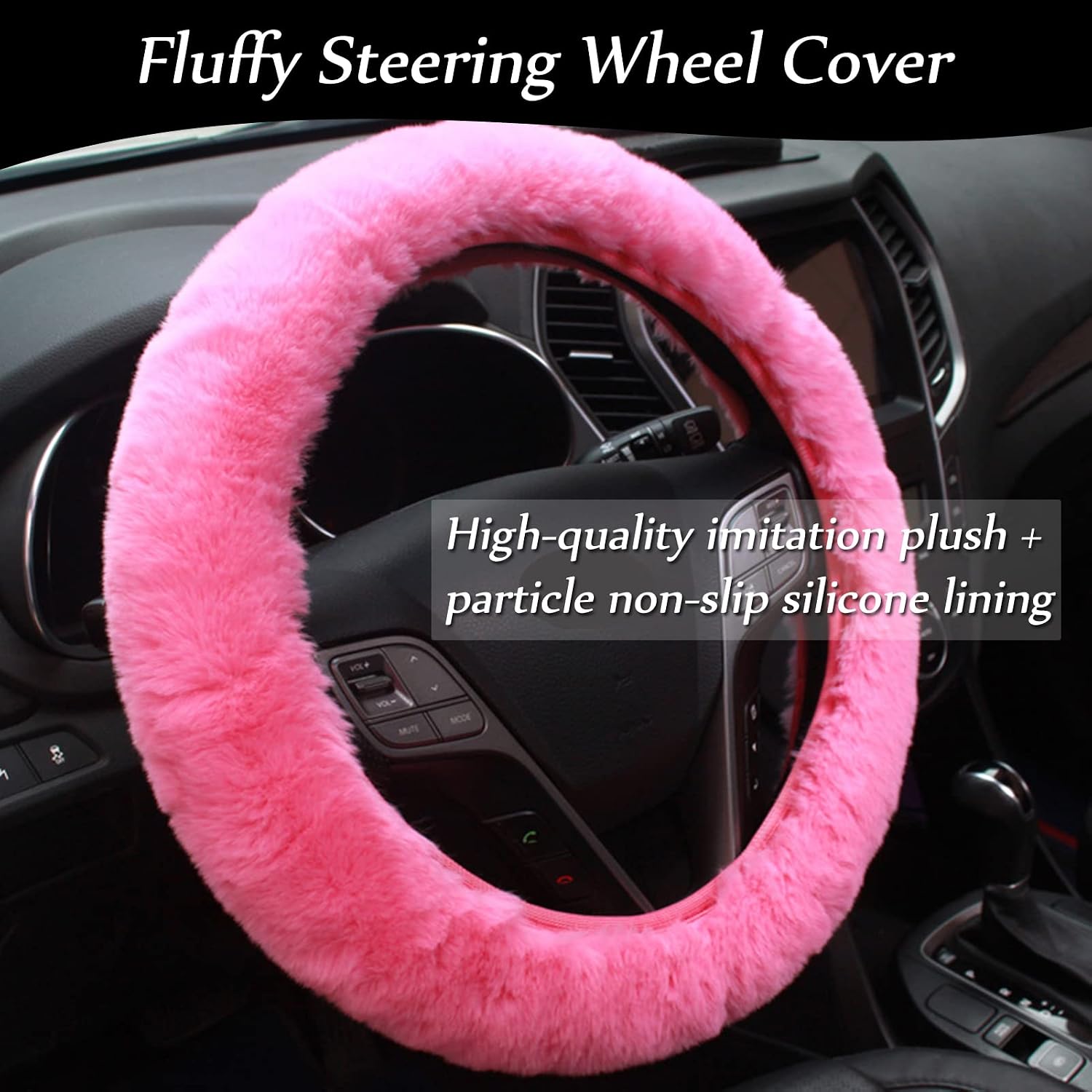 14-Pack Fluffy Car Accessories Set,Silence Shopping Fluffy Steering Wheel Cover Winter Warm Fur Steering Wheel Cover Short Hair Car Decoration Accessories for Women Girls (Pink)