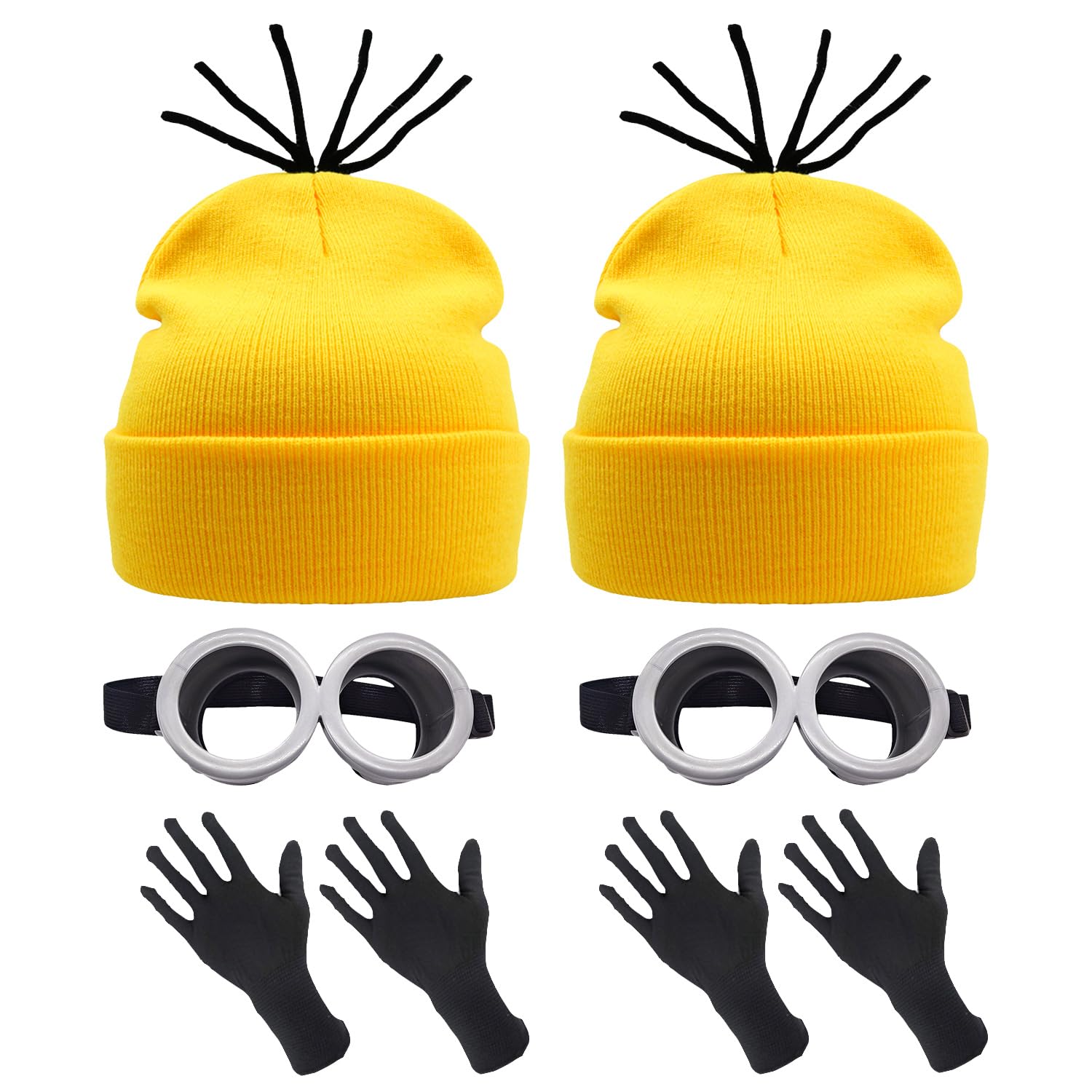 Lezevn 6pcs Halloween Costume Accessories Yellow Beanie Knit Hats Funny Cartoon Character Goggle Glasses Eyes Black Gloves for Party Decorations Halloween Dress Up Outfits