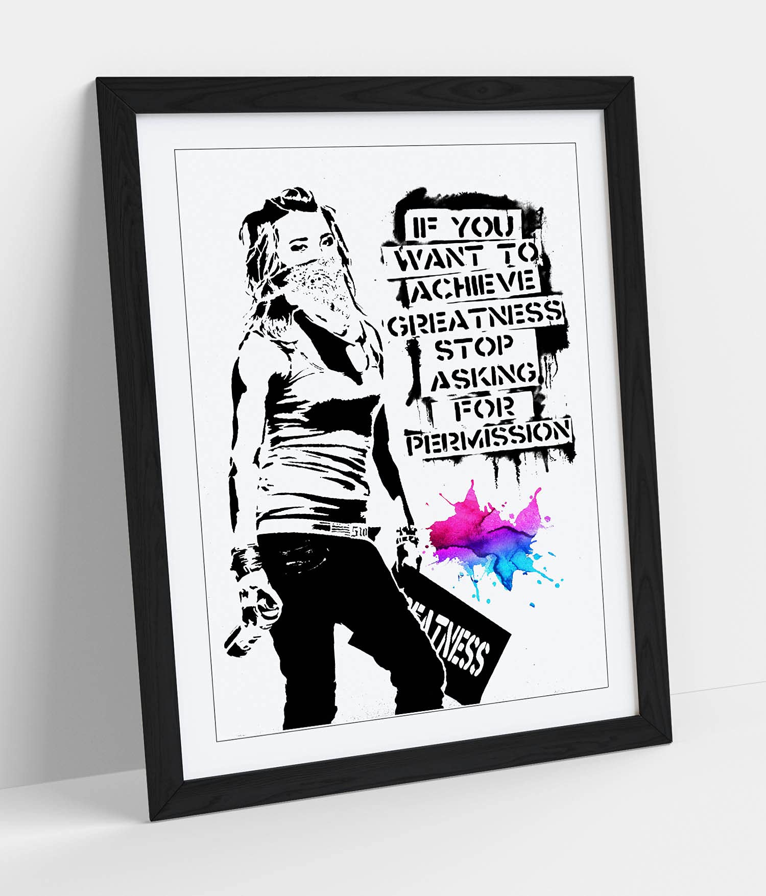 Canvasartshop Black - Banksy Achieve Greatness- Premium Wall Art Framed Picture Prints - 3 Colours - 4 Sizes (, A3)