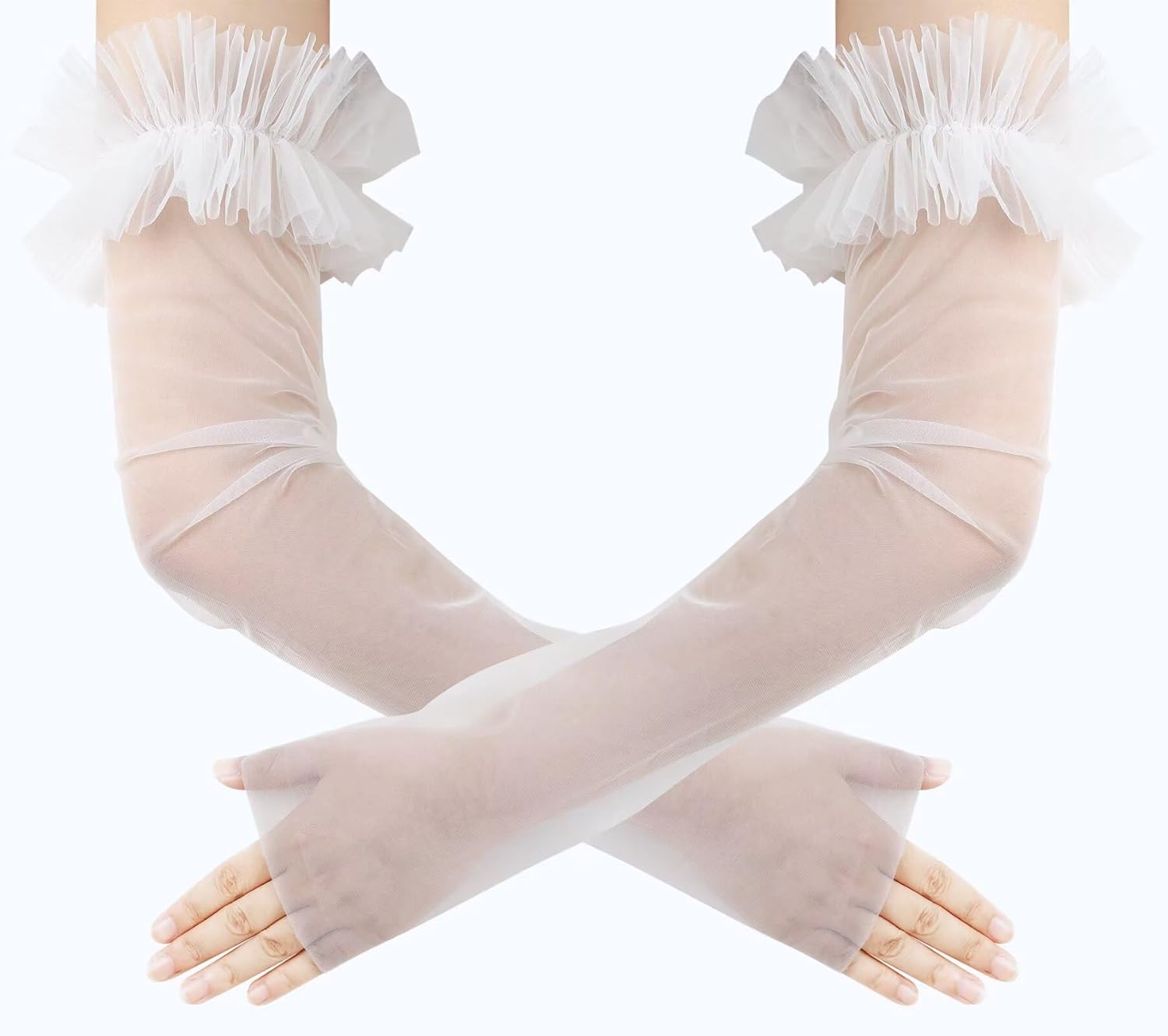 Women's Long Fingerless Wedding Gloves Puffy Sheer Sleeves Ruffle Cuffs Mesh Tulle Opera Party Gloves - Image 3