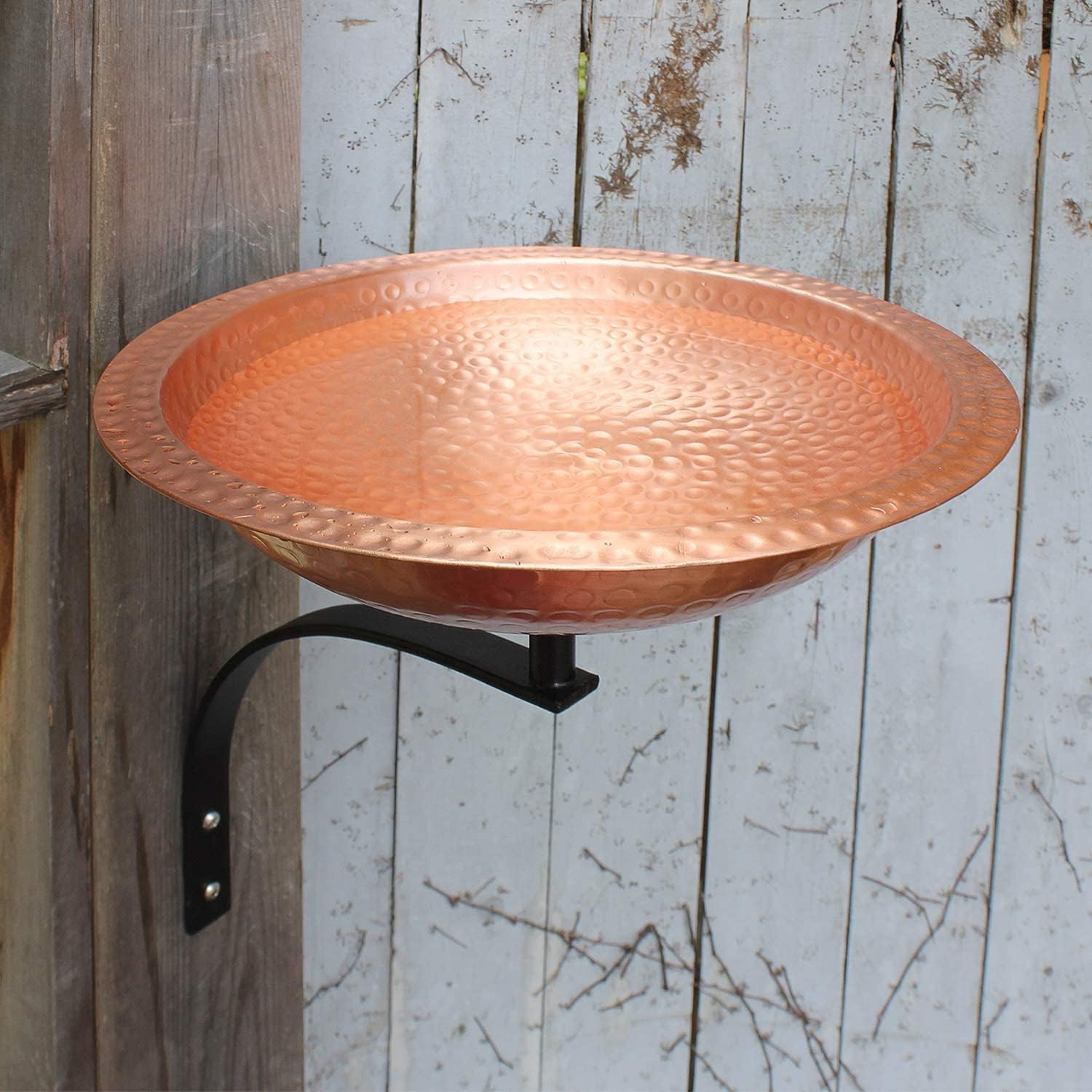 BBHC-02T-WM Hammered Powder Coated Wrought Iron Wall Mount Bracket Birdbath, Polished Solid Copper, Weather Resistance for Backyard and Deck Post in Black
