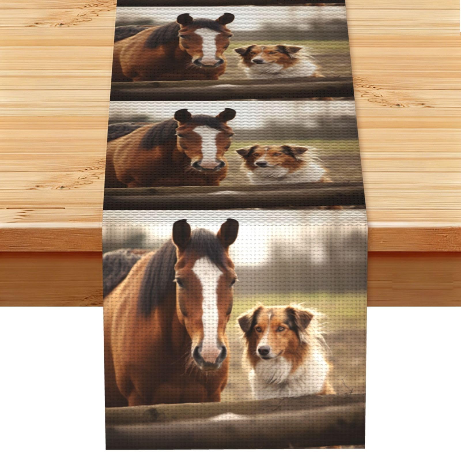 Fodpand Black Rustic Cotton Linen Table Runner, Collie Dog And Horse Together Table Runners 13 X 72 Inches, Modern Elegant Farmhouse Tablecloth, Washable Kitchen Dining Table Decoration For Home Party Decor