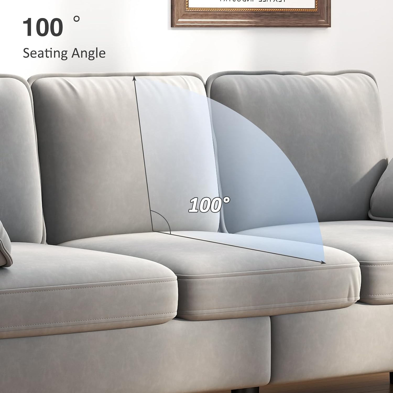 FIZZEEYY 78.7" Mid-Century Modern 3-Seater Sofa with Chaise Lounge, Removable Cushion Covers, 2 Armrest Pillows & Metal Frame-Grey Upholstered Couch for Living Room, Bedroom, Apartment, Office