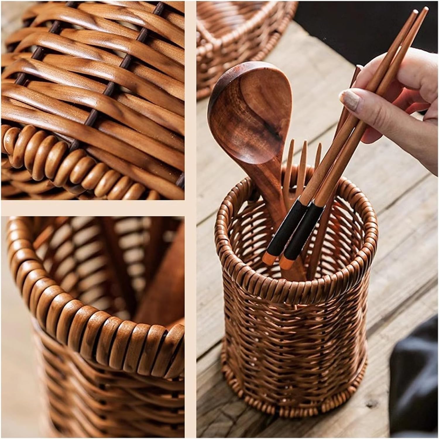 Utensil Holder Retro Imitation Rattan Weave Utensils Holder, Round Hand Woven Utensils Organizer for Kitchen Countertop Cutlery Holder Spoon and Chopstick Holder Cutlery Holder
