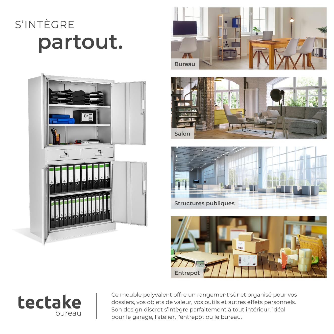 tectake Armoire de Rangement Metal Armoire de Bureau avec Serrure 4 Portes battantes et 2 tiroirs verrouillables pour Rangement Dossier, 80 x 40 x 180 cm - Gris Clair