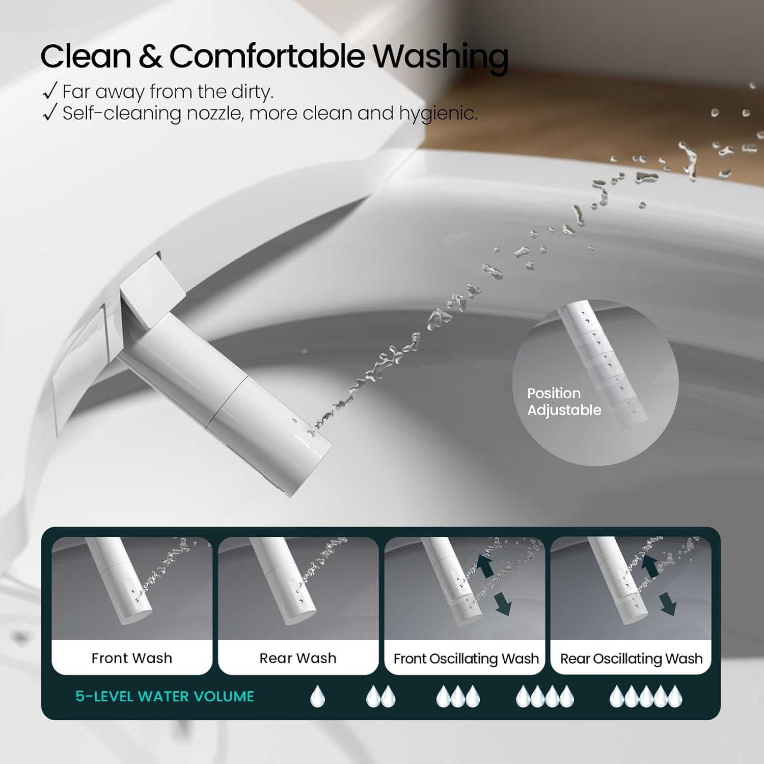 R&T V2601 Electric Bidet Seat For Elongated Toilet, Smart Toilet Seat with Heated Seat, Adjustable Temperature, Warm Air Dryer, Night Light