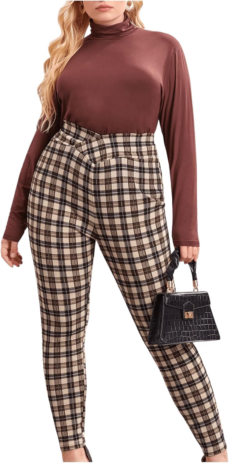 Floerns Women's Plus Size Plaid Pants Leggings Stretchy Elastic Waist Work Skinny Pants - Image 5