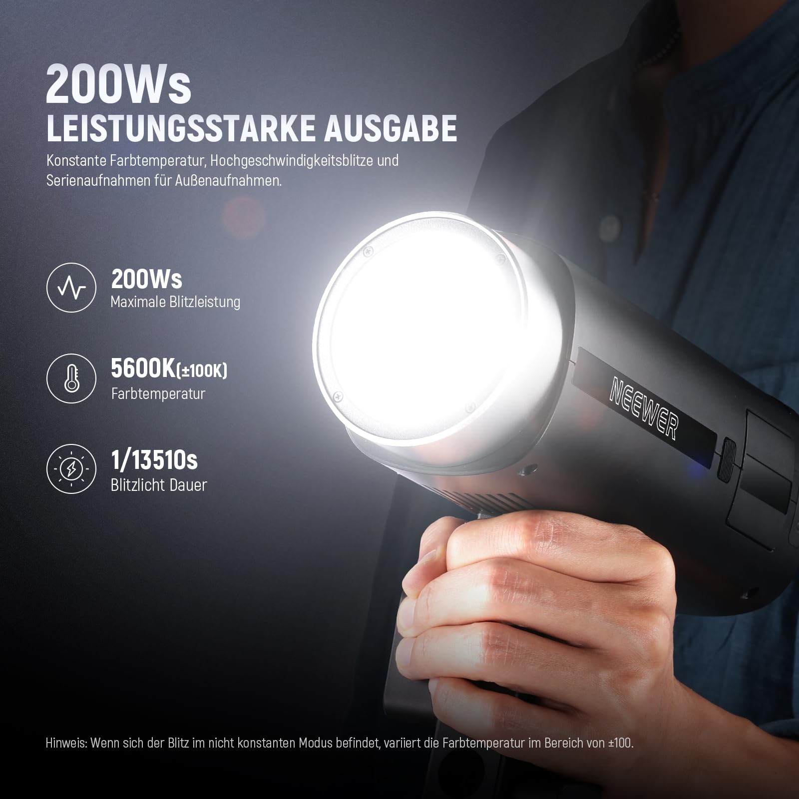 NEEWER Q200 200Ws 2,4G TTL Outdoor Studioblitzgerät mit App Steuerung, kompatibel mit Godox, 1/8000 HSS, 3200mAh Akku, 10W Einstelllicht/750W Blitzleistung/0,01–1,5s Blitzladezeit