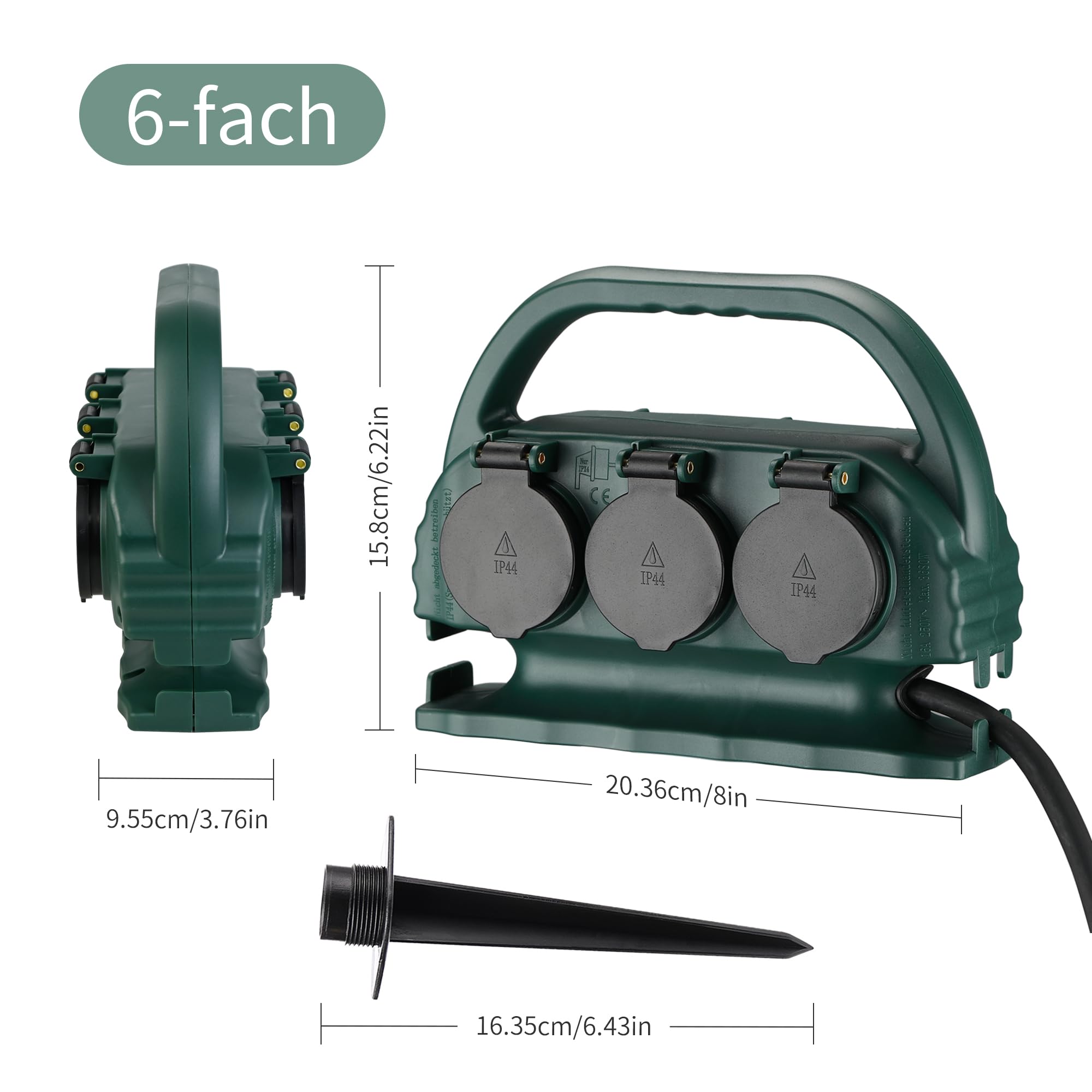 XUANSHI 6-Fach Garten-Steckdose IP44 mit Tragegriff und Erdspieß, wasserfeste Außensteckdose mit H07RN-F Gummi Kabel (10m, grün)