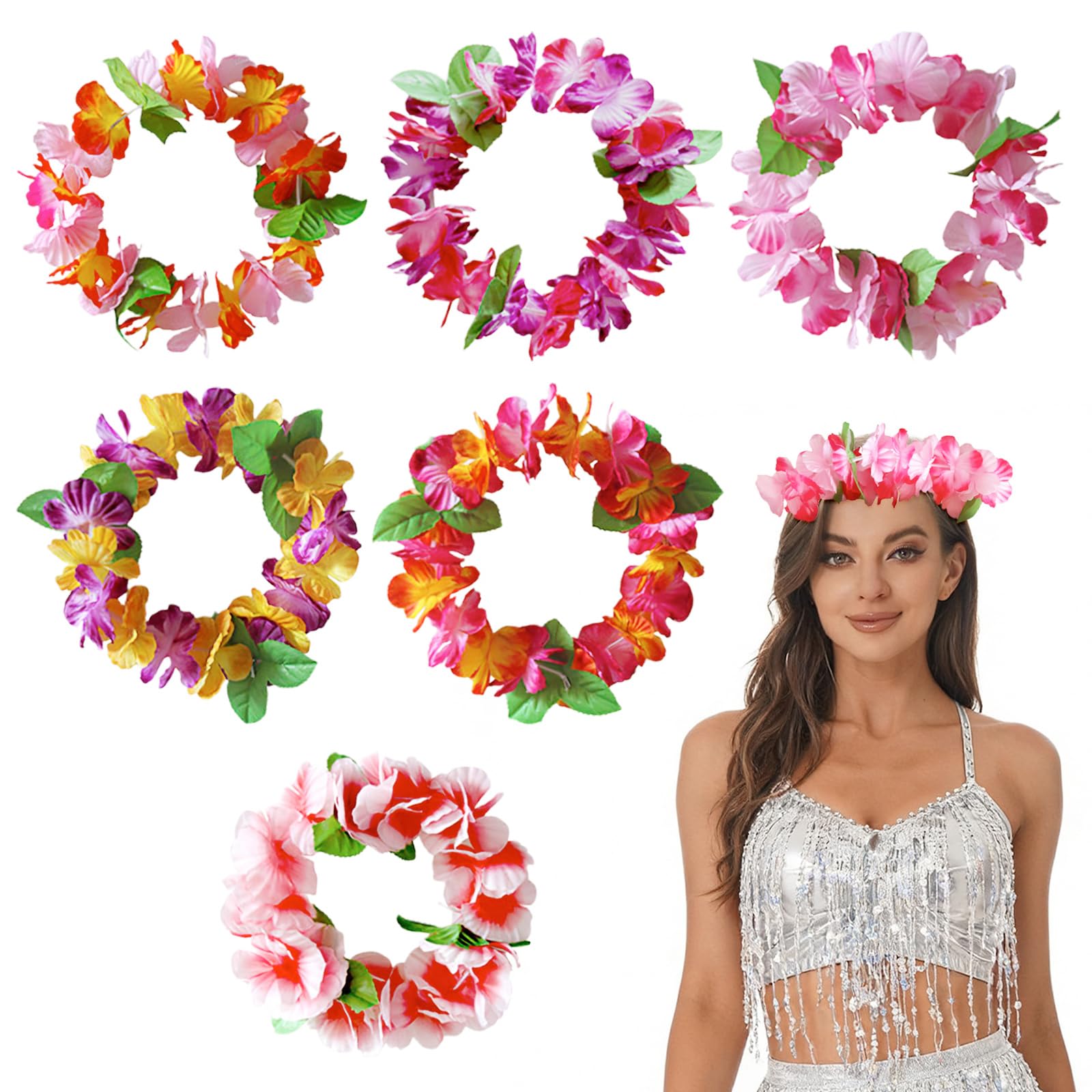 Hawaii Kostüm Blumenkranz Haare, 6pcs Hawaii Blumen Stirnband, Blumenkranz Stirnband, Blumenhaarreife Damen, Hawaiis Blumenkranzs Haare, für Hochzeit, Strand, Urlaub, Party, Stran Fashion