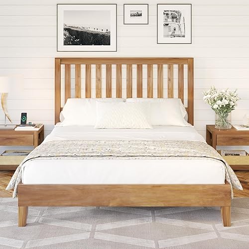 AMERLIFE Queen Size Wood Bed, Mid-Century Wooden Platform Bed Frame with Grille Headboard, Wood Slat System, No Box Spring Needed, Noise Free, Natural