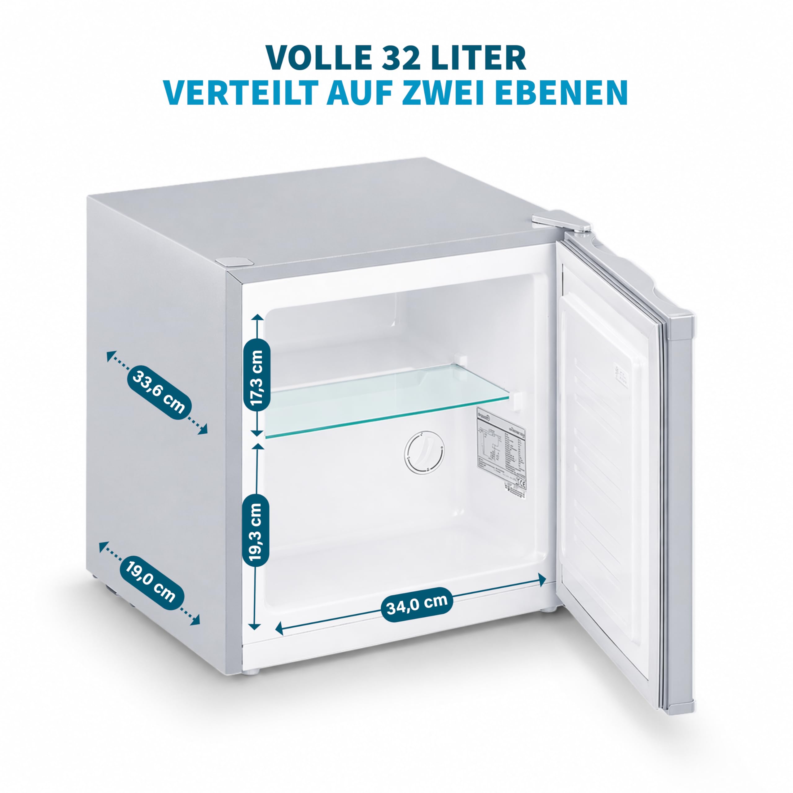 Mini Gefrierschrank 32 L, Glasablage, 4-Sterne-Gefrierbox bis -18 °C, kompakter Tiefkühlschrank, leise 39 dB, manuelle Temperaturregelung, freistehend, Silber