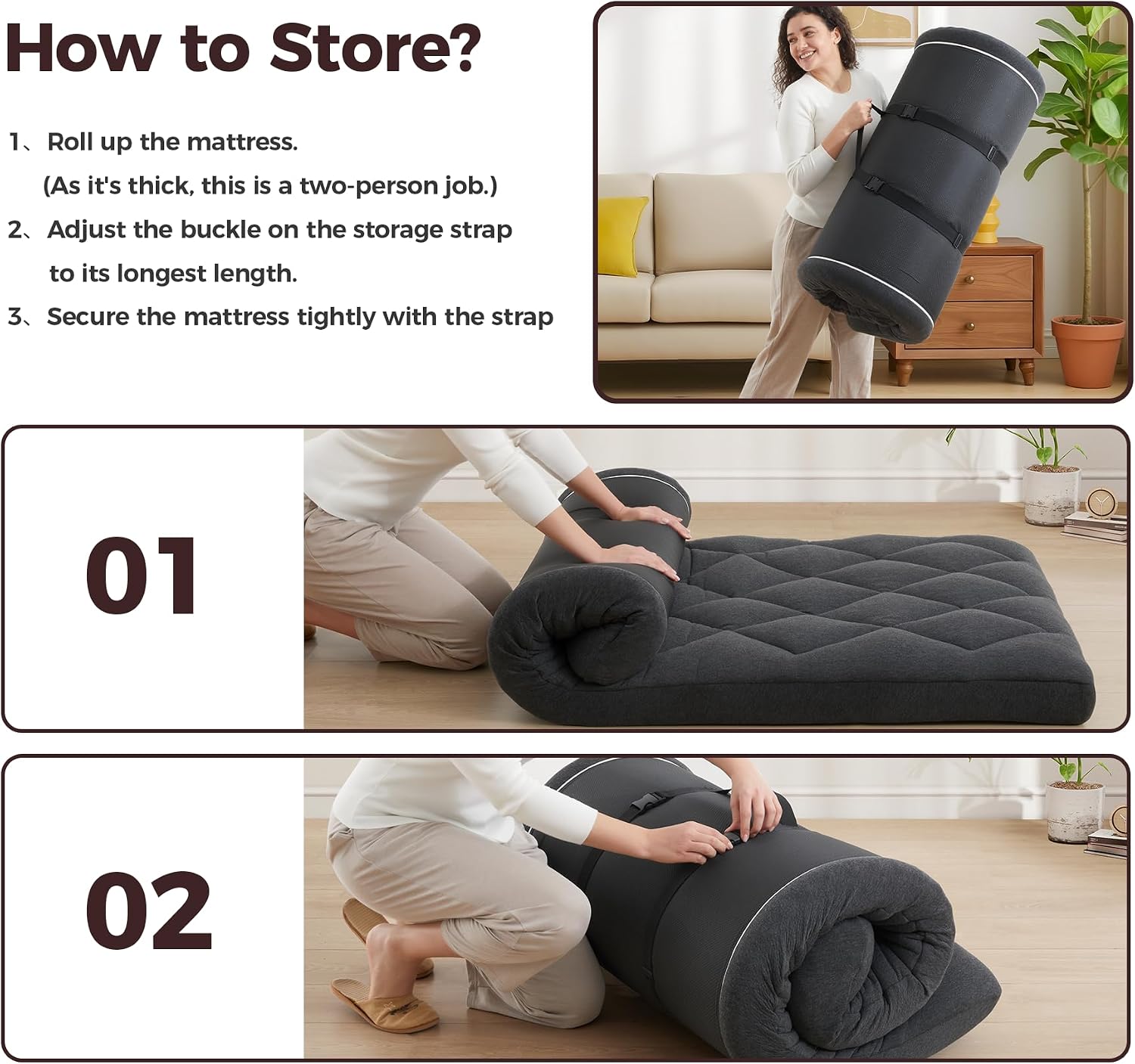 Jamdok 4" Twin Size Pillow Top Floor Futon Mattress,Memory Foam and Egg Crate Foam, Roll Up Japanese Tatami Pad for Sleeping,Quilted Guest Bed with Removable Cover, 75×38×4 Inches