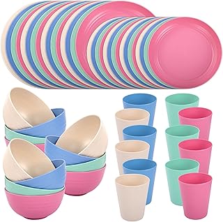 LIYH 48 Pcs Wheat Straw Dinnerware Plates and Bowls Set Dishwasher Safe Unbreakable Light Weight Plates Service for 12 Reusable Dinnerware Set Multicolor Set Dish Set