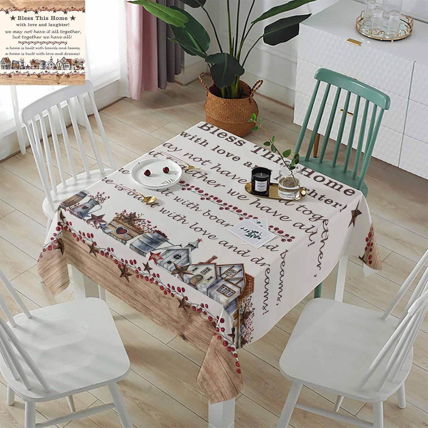 Chucoco Farmhouse Western Stars Tablecloth, Waterproof Rectangular Table Cloths Country Wood Board Bless Home Quote Printed Tables Cover for Dinner Kitchen Wedding Party Holiday Decoration 60x60in