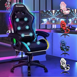 ELFORDSON Gaming Chair with 8-Point Massage LED Light, Computer Office Chair with Footrest 82cm High Back 150° Recliner, P…