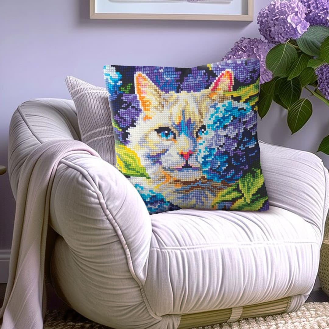 Collection D'Art 5501 Cat with Hydrangea Cross Stitch Kit Quickpoint Cushion Cover 40 x 40 cm