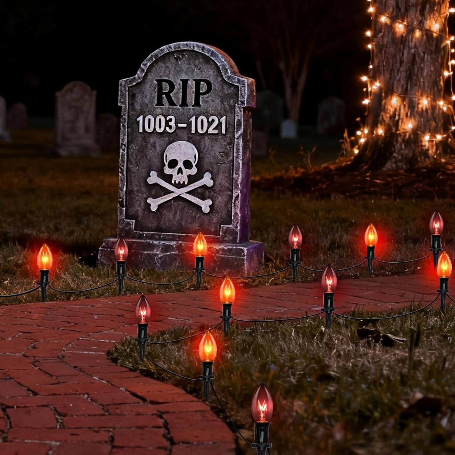 10 Pack Halloween Pathway Stake Lights,19.5ft Halloween Party Decor Walkway Lights with C9 Clear Black&Orange Bulbs for Outdoor Lawn Patio Yard Walkway Garden,Waterproof Clear Black&Orange