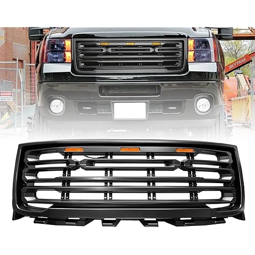Front Upper Hood Grille For GMC Sierra 2500 3500 HD Grill Matte Black with Amber Signal Lights 2011 2012 2013 2014