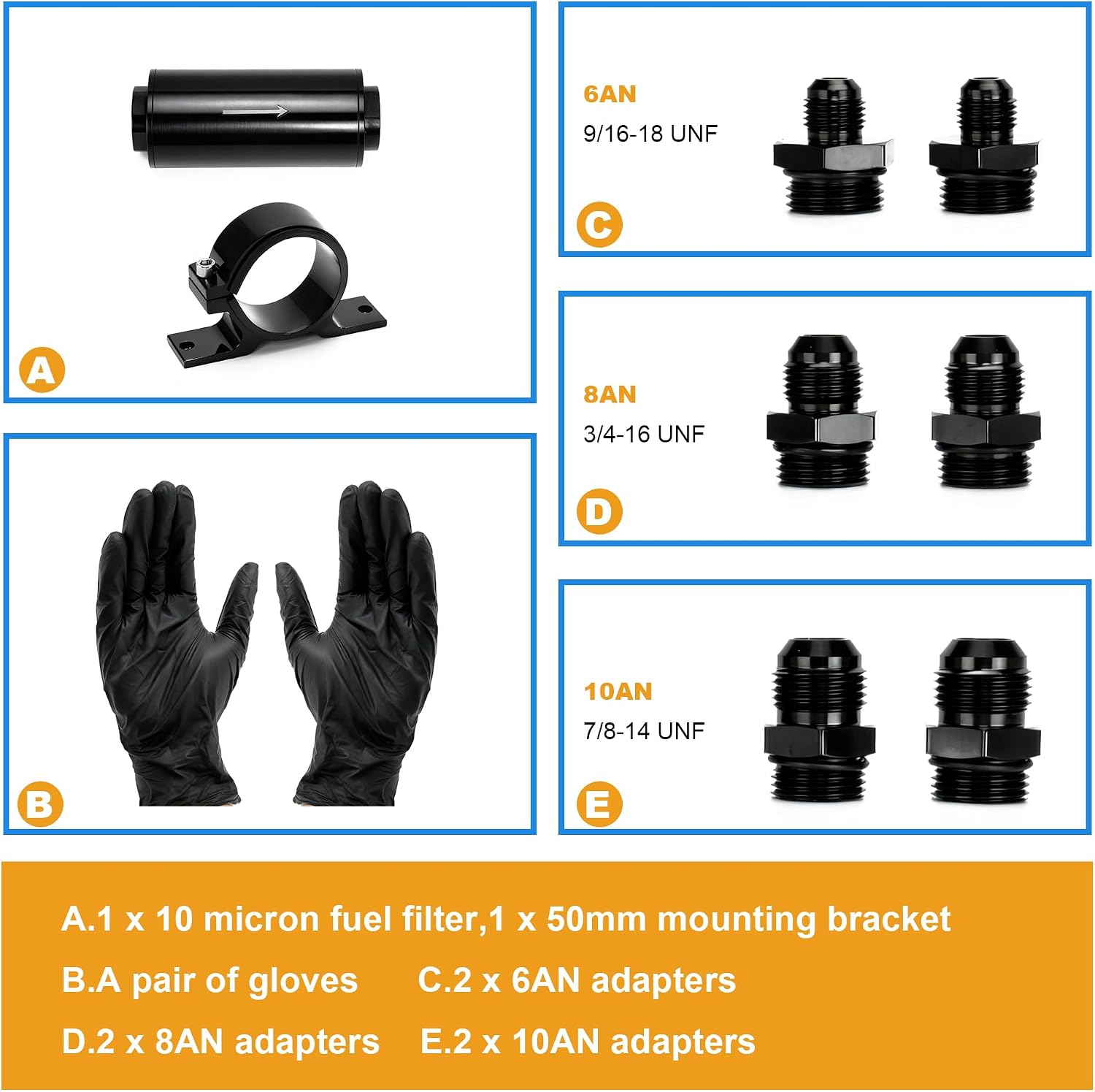 10 Micron Inline Fuel Filter with 6AN 8AN 10AN Adapter & 50MM Universal Bracket Clamp, Inline Fuel Filter 10 Micron - Black
