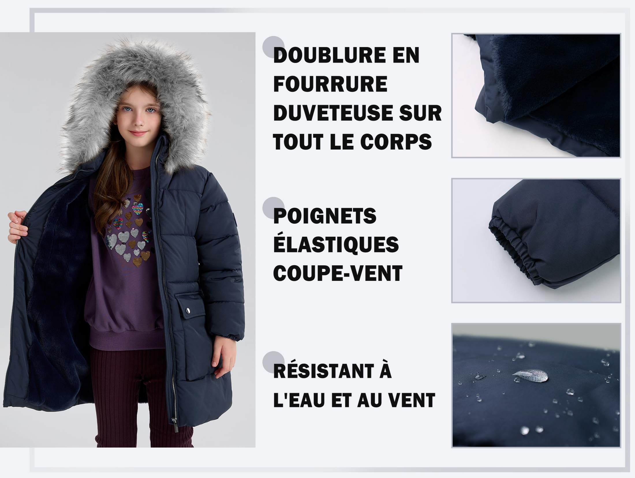 maoo garden Manteau d'hiver Bouffant pour Filles Parka de Neige Épaisse Doublure en Fourrure Duveteuse Capuche Veste Résistante à l'eau