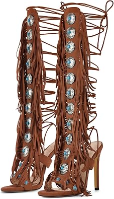 Gladiator Heels Tassels Open Toe Boots Fringe Lace up Strappy High Heels Sandals
