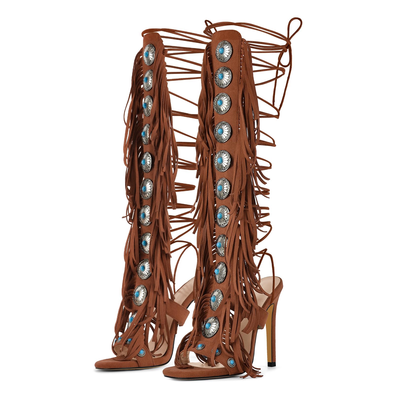 Gladiator Heels Tassels Open Toe Boots Fringe Lace up Strappy High Heels Sandals-image-37