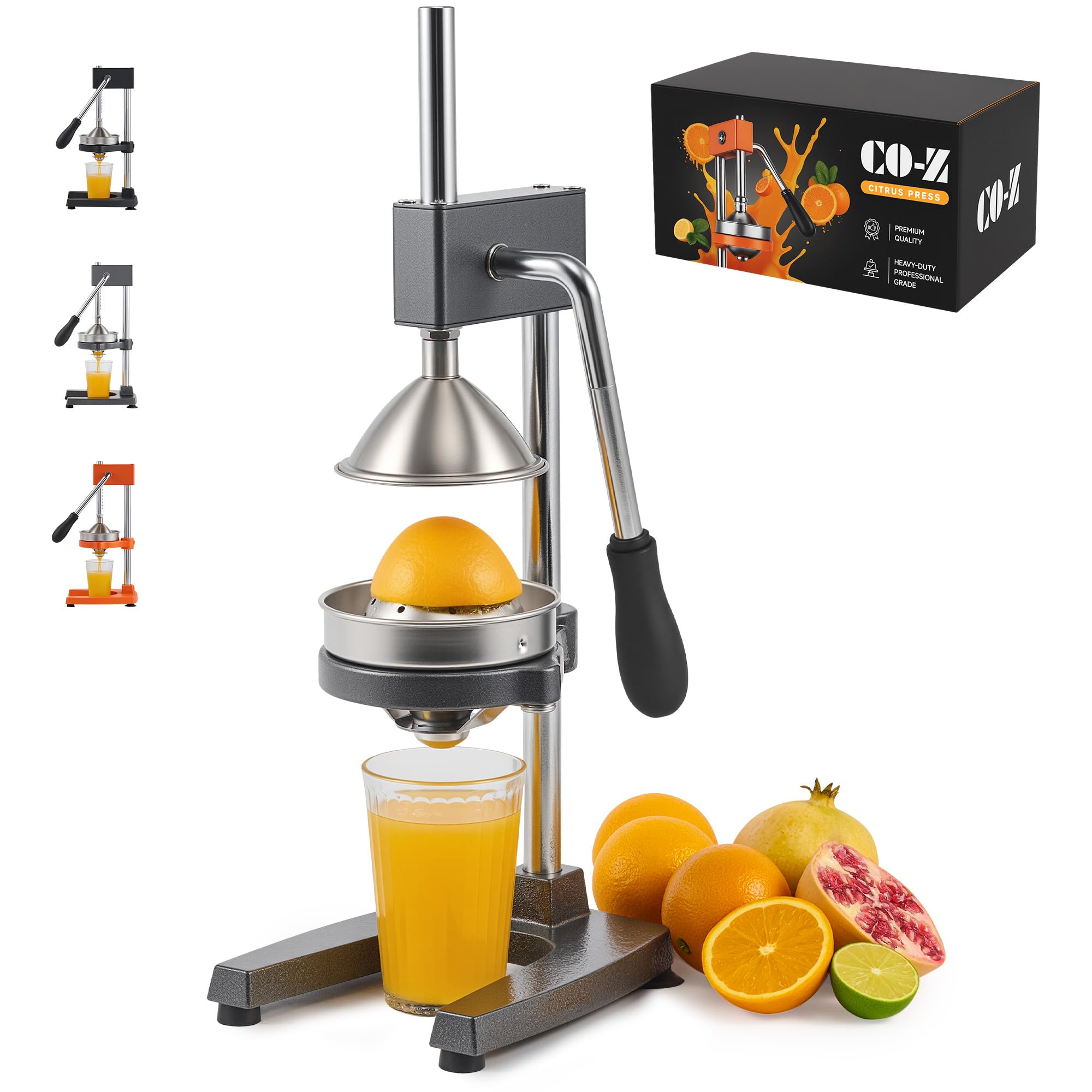 CO-Z Presse Agrumes Manuel Professionnel Silencieux en Acier Inoxydable de Qualité Alimentaire Broyeur Jus Presse Orange Lime Citron Pommes Fruit, Gris