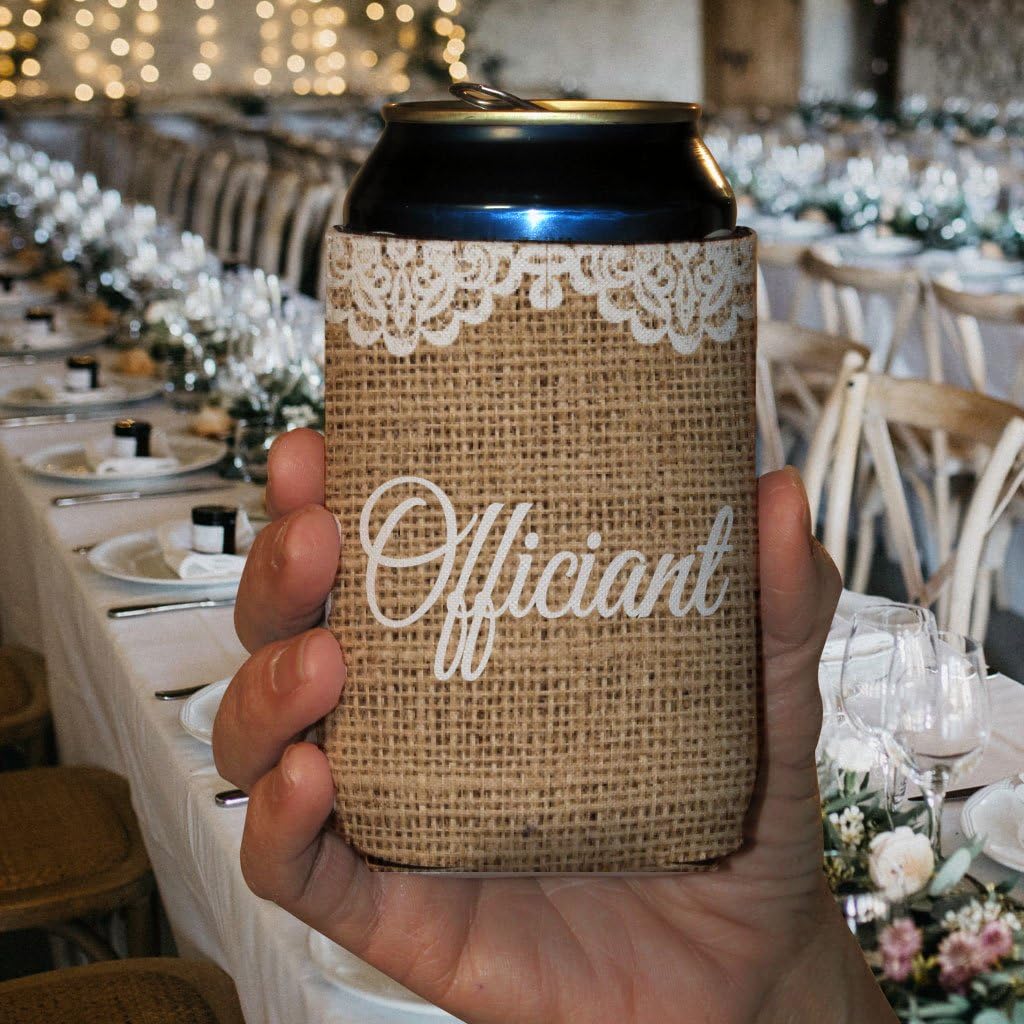 VictoryStore Burlap Rustic Wedding Party Can Coolers – Officiant Design – Foam Insulated Beverage Sleeves for 12-16 oz Cans & Bottles – Wedding Favors, Bachelorette Party Gifts