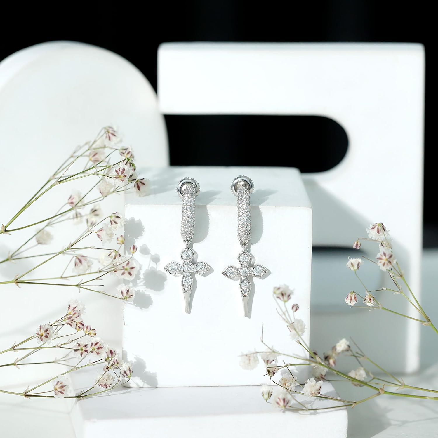 Certified Moissanite Cross Earrings in Silver, D-Vs1 Quality, Moissanite Catholic Drop Earrings - With Jewelry Box - Image 4