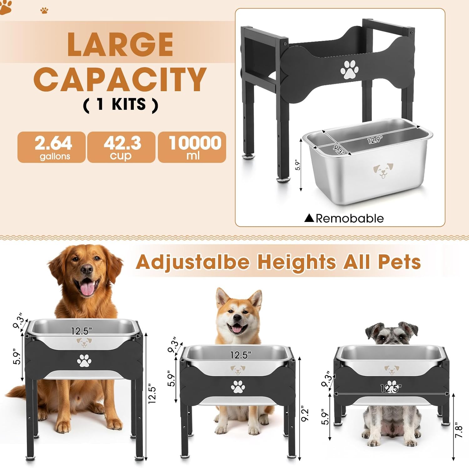 Mimorou 2.64 Gal Elevated Large Dog Water Bowl Raised Stainless Steel Bowl Stand Large Breed with Height Adjustable 7.8-12.5" Non-Slip Dog Feeding Station for Pressure Relief Indoor Outdoor(Black)