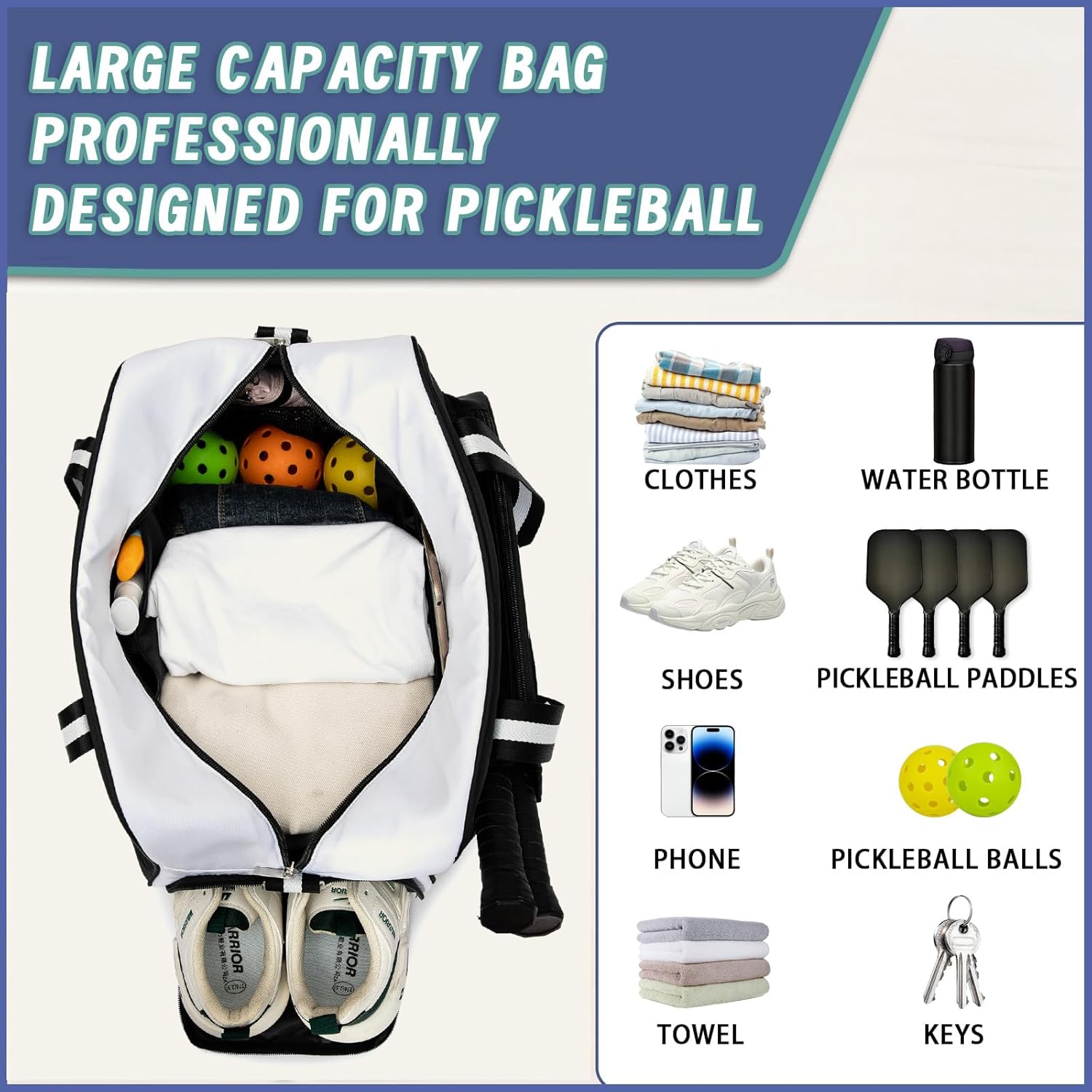 ROYALFAIR Pickleball Tote Bag for Women Men Large Capacity with Paddle Cover Pocket Internal Shoe Pocket and Adjustable Shoulder strap