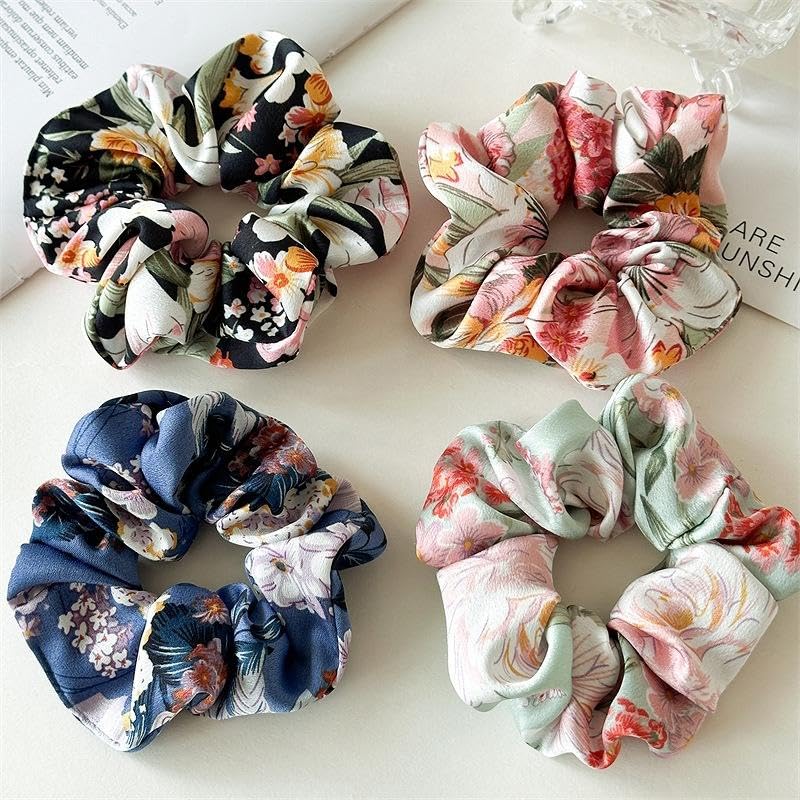 Shivashay Accer Elastic Hair Ties Sets Fabric Hair Scrunchies Floral Ponytail Holders Hair Accessories for Women and Girls Printed Hair Scrunchies Hair Ponytail Holder in Satin Fabric With Printedc look For Girl & Women Multicolor (Pack of 4)-image-18