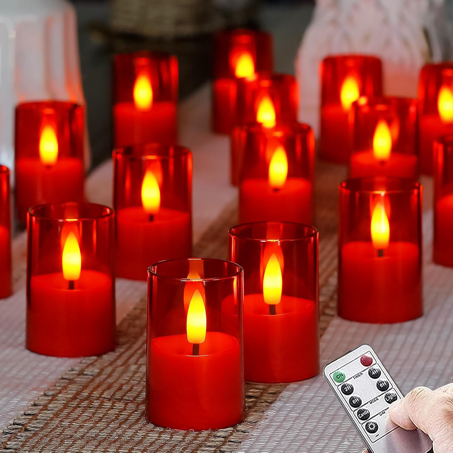 Flameless Small Tea Light LED Candles, Acrylic Battery Operated Votive 1.7" x2.5" with Remote Control and Timer, Tealight Amber Flickering Warm Light Pack of 8 Electric Long Lasting