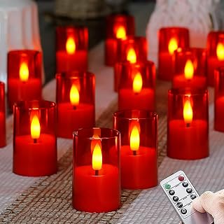 Flameless D: 1.7" H: 2.5" Small Tea Light LED Candles, Acrylic Battery Operated Votive with Remote Control and Timer, Tealight Red Flickering Warm Light Pack of 15 Electric Long Lasting