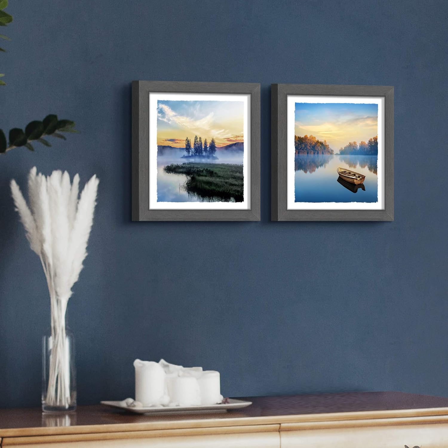 Lake Landscape Framed Wall Art: Modern Foggy Mountain Picture Natural Sunset Sunrise Wilderness Boat Tree Scenery Artwork Print Painting for Bedroom Living Room Bathroom Office