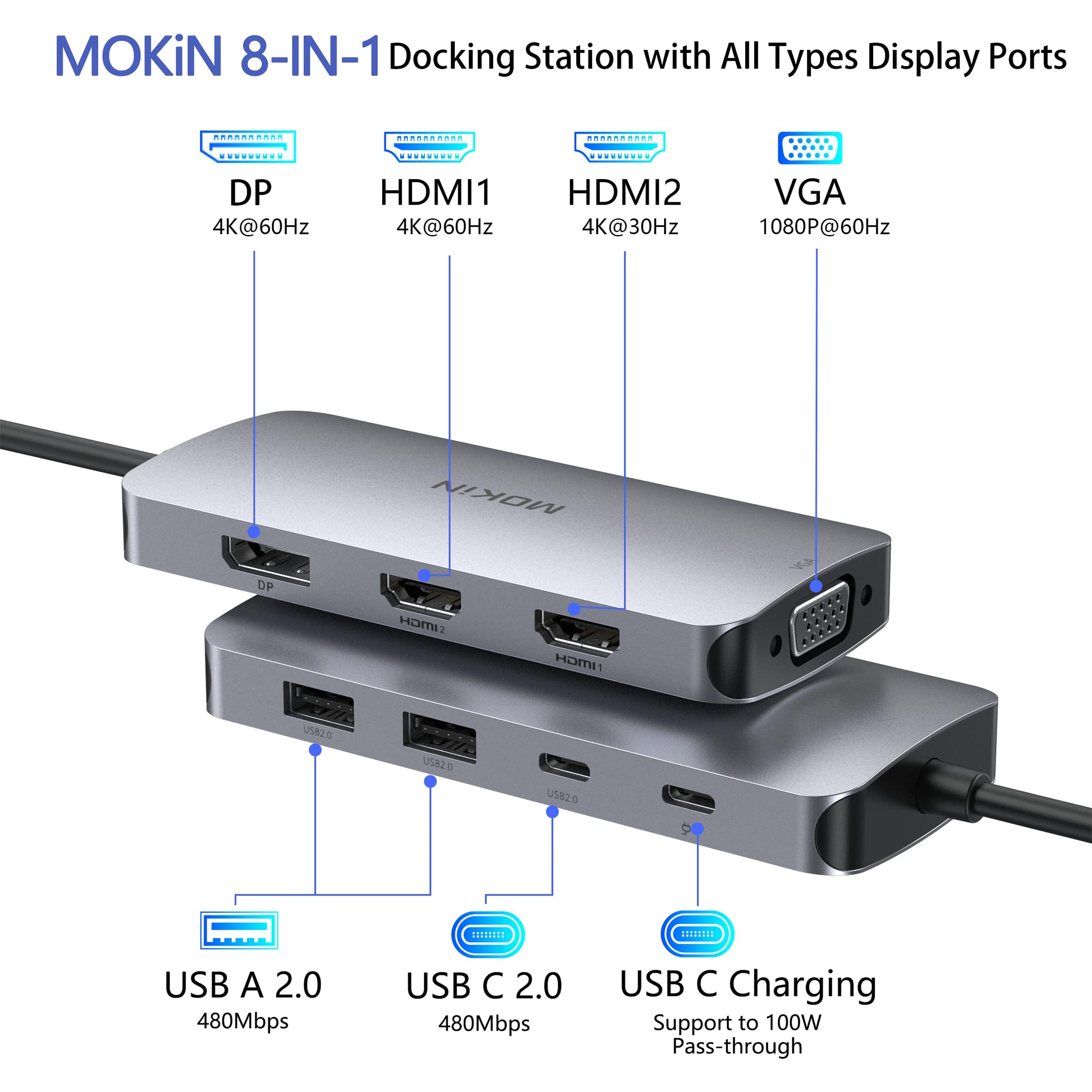 MOKiN Station d'accueil USB C Double Moniteur, Dock USB C 8 en 1 vers Dual HDMI et DisplayPort et VGA, 100W PD, 3 USB 2.0, Docking Station Quadruple Affichage pour Dell, HP, Lenovo, ASUS, Microsoft