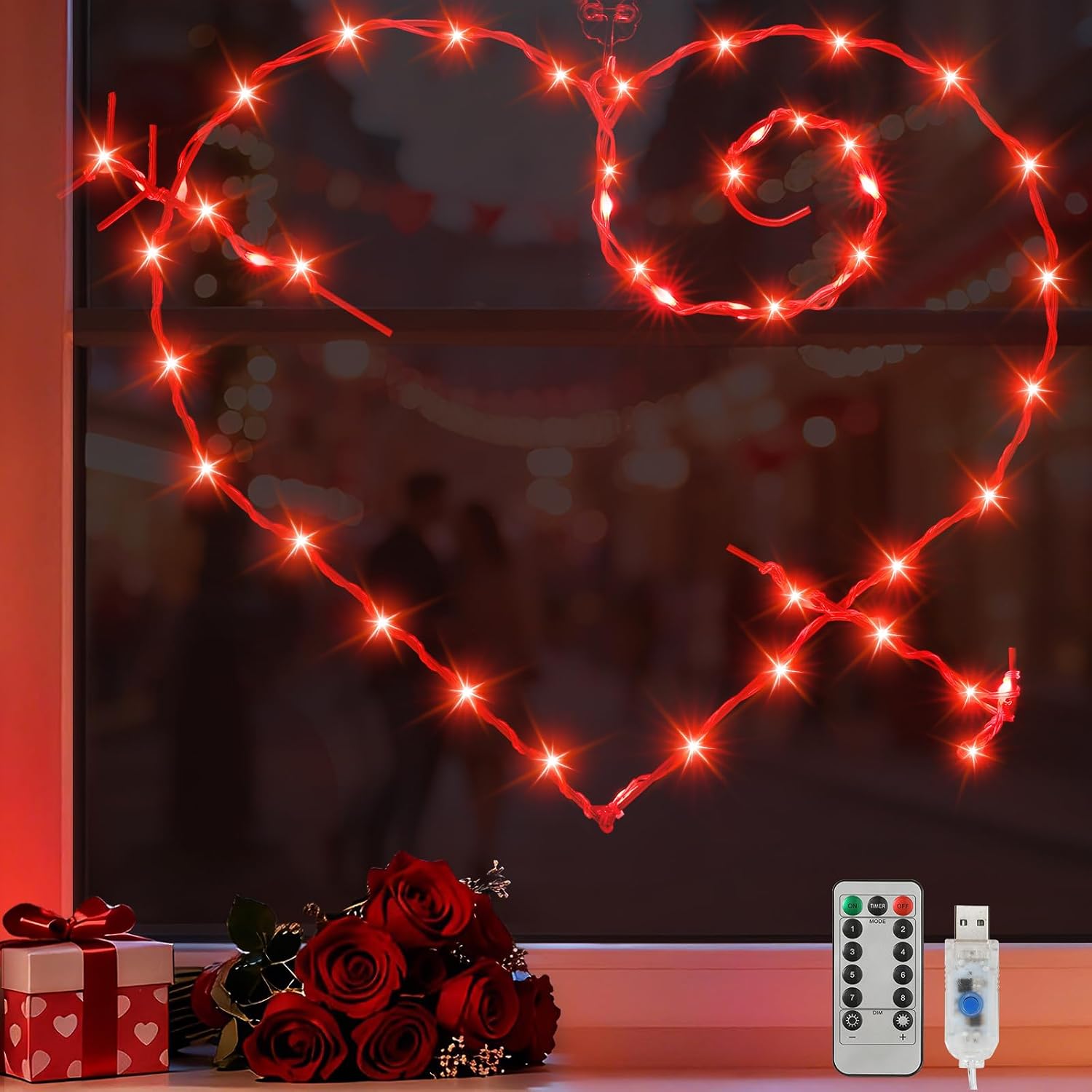 Lewondr 50 LEDs Valentines Day Heart Window Lights with Arrow