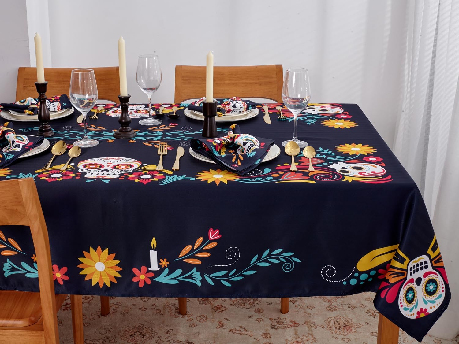 YiHomer Day of The Dead Halloween Tabletop - Dia De Los Muertos Floral Skeleton Mask, Cinco De Mayo Mexican Fiesta Party Home Kitchen Dining Room Decor, Sugar Skull, Tablecloth, 52 x 70 Rectangle