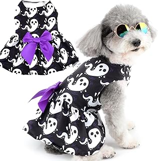 Zunea Halloween Dog Dresses for Small Dogs Cats Ghosts Print Puppy Girl Halloween Costumes Fancy Dress Soft Pet Skirt with Bow Knot Chihuahua Yorkie Clothes Outfits Black S