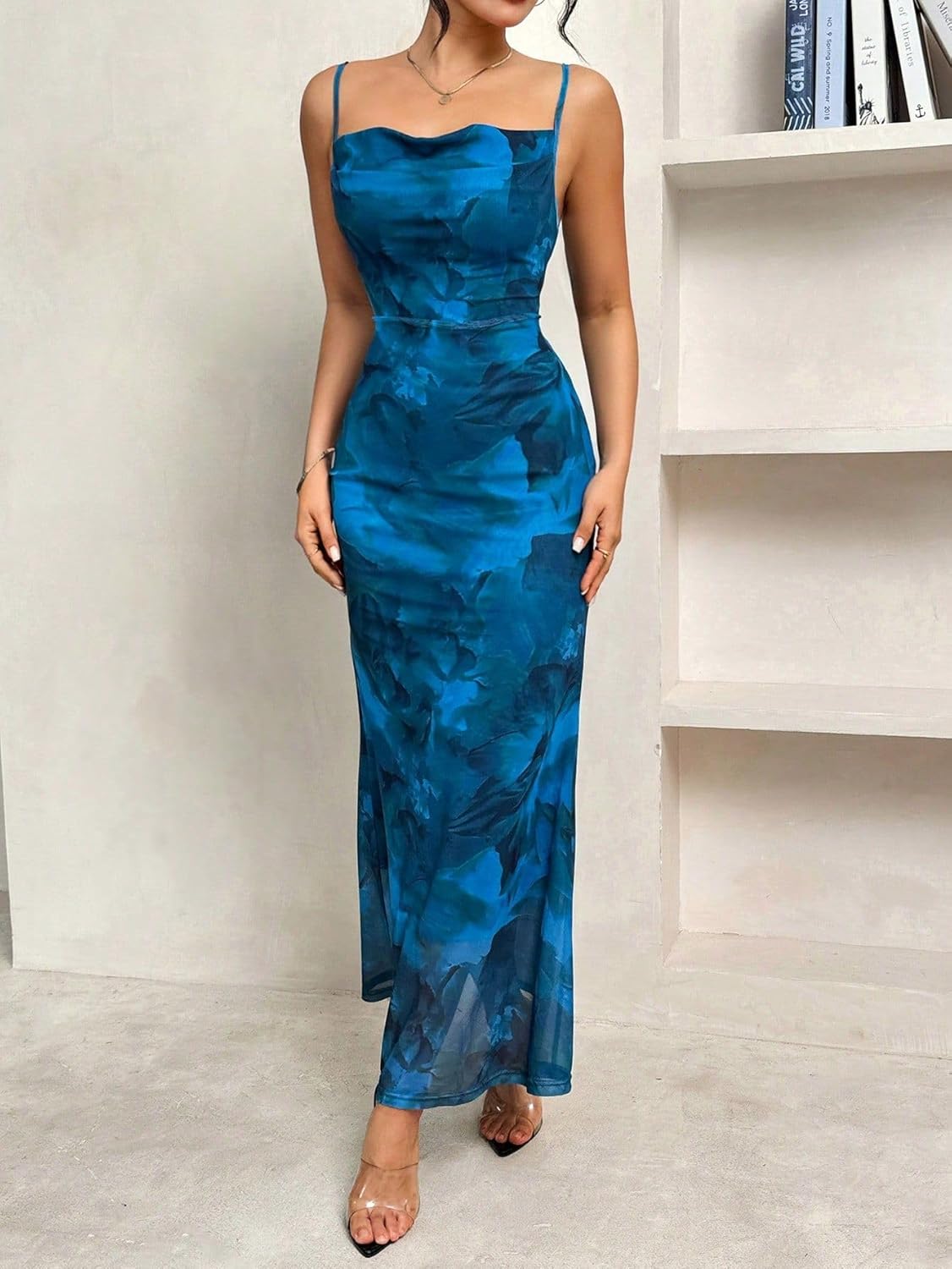 LIGHT DOT Women's Summer Printed Maxi Dress Spaghetti Strap Bodycon Cami Side Slit Mesh Layered - Image 4