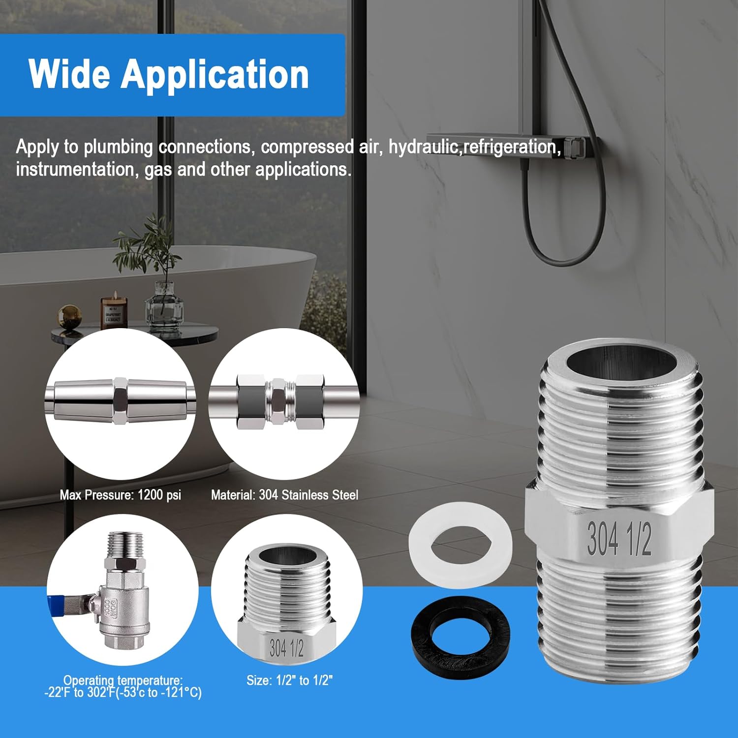 Shower Hose Adapter-Shower Hose Extension, 1/2 to 1/2 Shower Head Adapter, Used to Connect Two Hoses, 304 Solid Stainless Steel Hose Fitting.