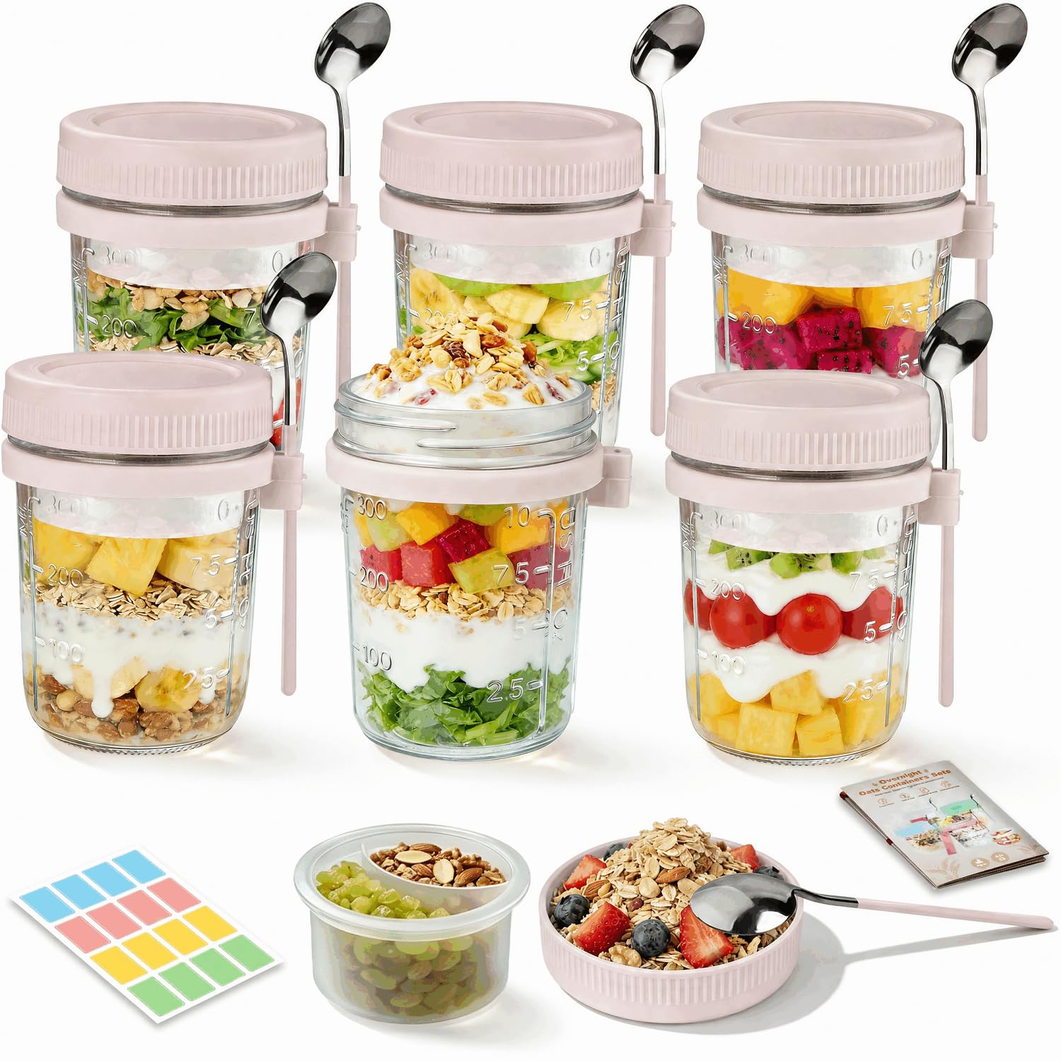 6 Pack Overnight Oats Containers with Lids and Spoon - 16 oz Glass Mason Jars with Separate Divider Leakproof Chia Pudding Yogurt Parfait Cups for Sugar Packet Holders Cereal Meal Prep (Beige)