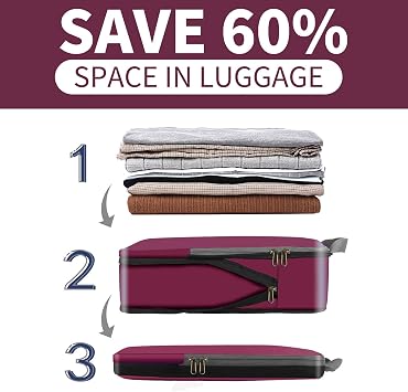 Eono Compression Packing Cubes, Luggage Organiser Set, Extensible Suitcase Organiser, Packing Organisers for Suitcases, Packing Cubes for Travel or Home Storage - Burgundy, 3 Set