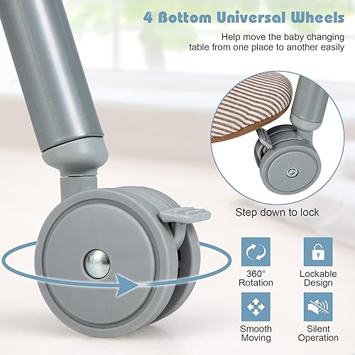 Vista 15 de HONEY JOY Cambiador de pañales para bebé con bañera, estación plegable para cambiar pañales con ruedas, bandeja de almacenamiento, almohadilla