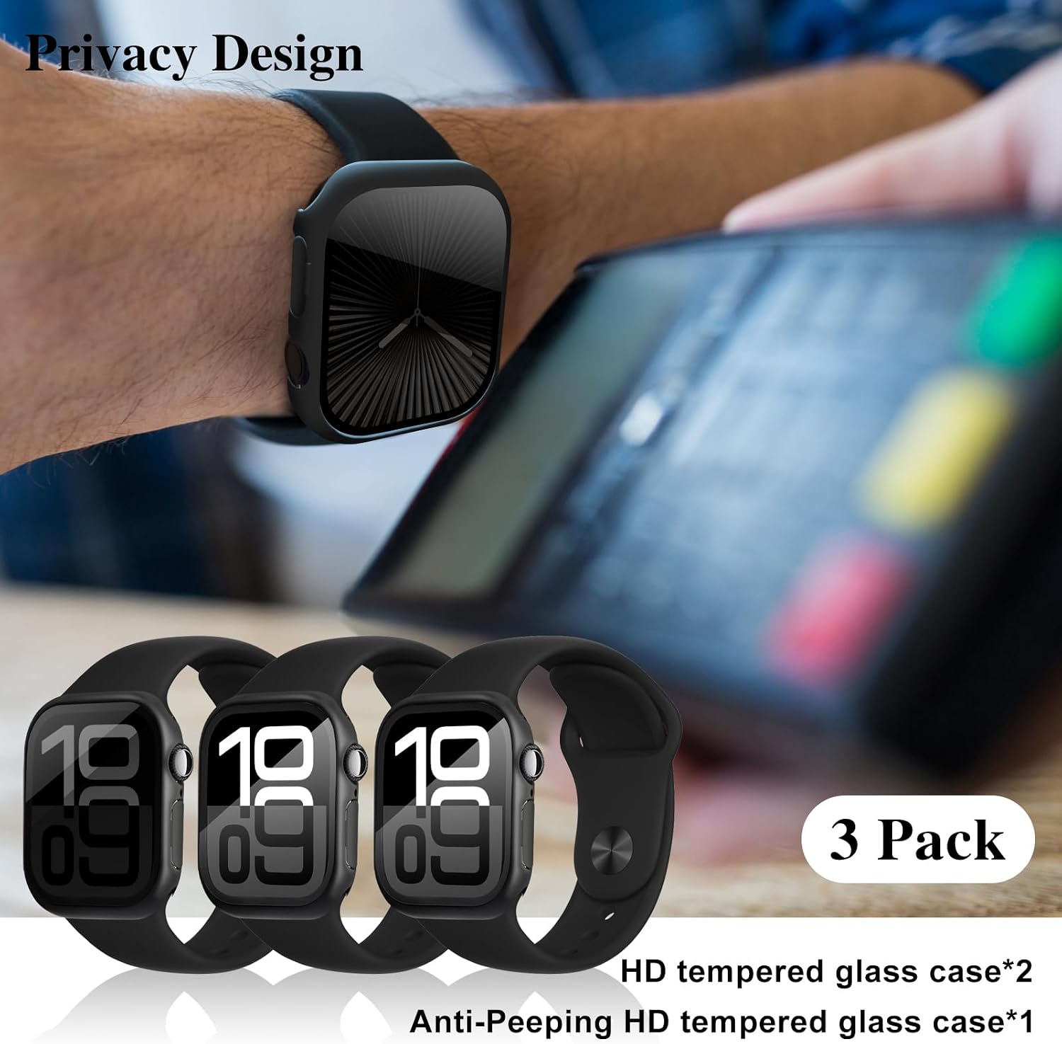 3-Pack Privacy case for Apple Watch Screen Protector Series 11 10 46mm,Anti-Spy Hard PC CASE Bumper Tempered Glass for iWatch Cover Scratch-Resistant Accessories(Privacy Black+Black+Black