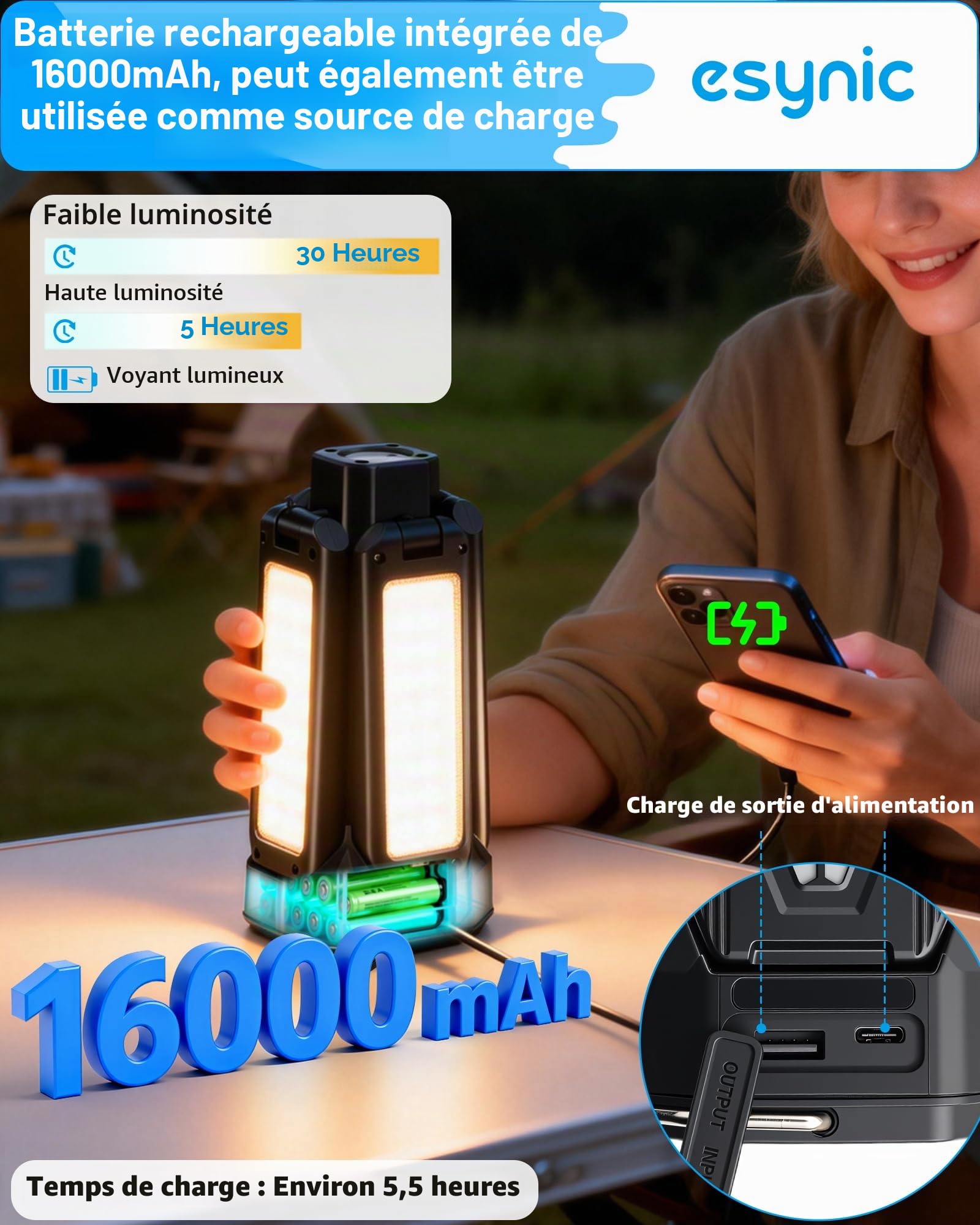eSynic Lampe de Camping Télescopique Rechargeable avec Trépied Rétractable Batterie de 16000mAh Lampe LED 5 Modes d'Éclairage 6 Luminosités Étanche IP66 Stroboscope SOS pour Extérieur Garage Camping