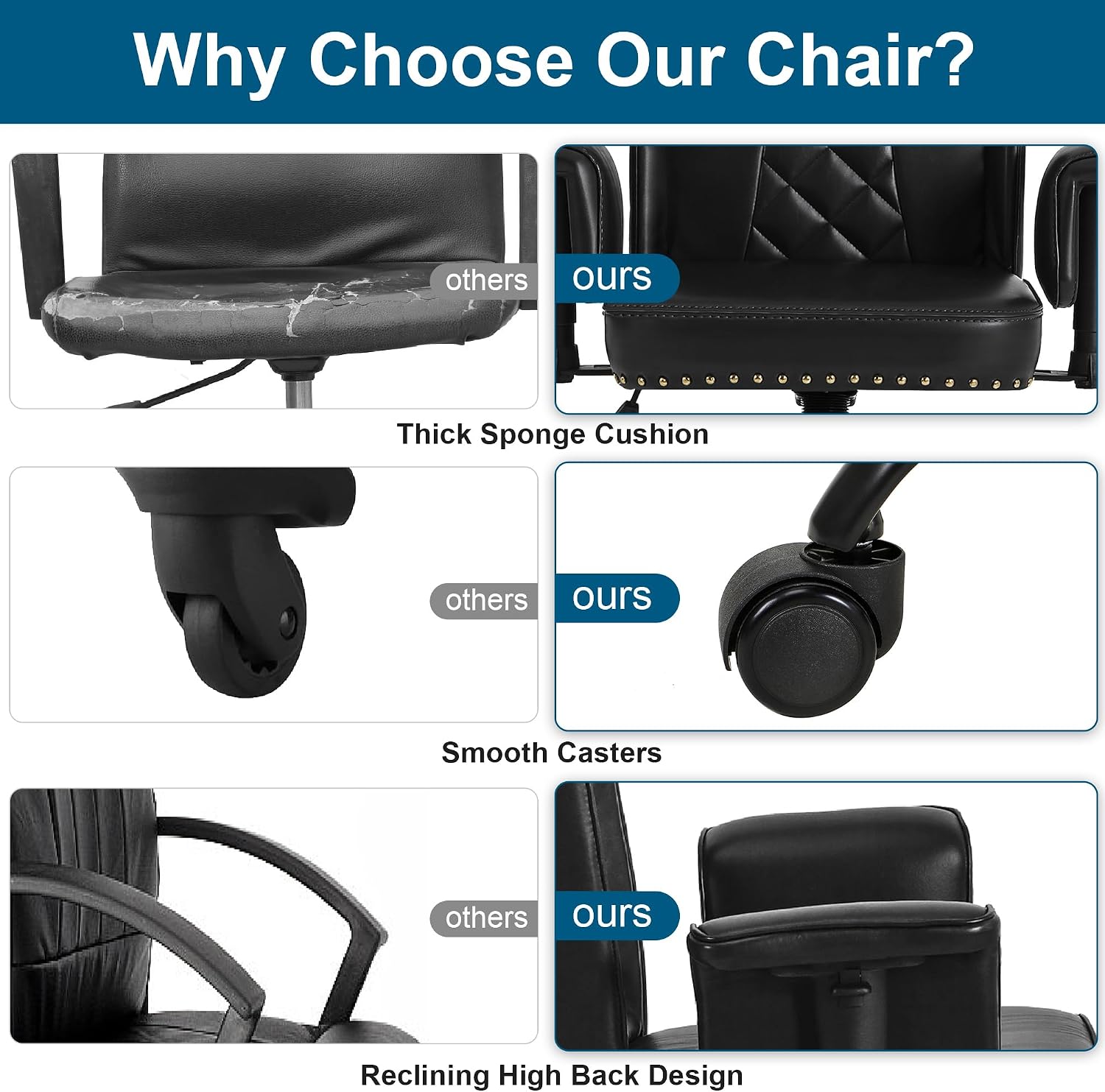 VECELO Ergonomic Office Chair – High Backrest with Tilt, PU Leather, Diamond-Stitched Back, Adjustable 45°Armrests & Sponge Cushion, Black