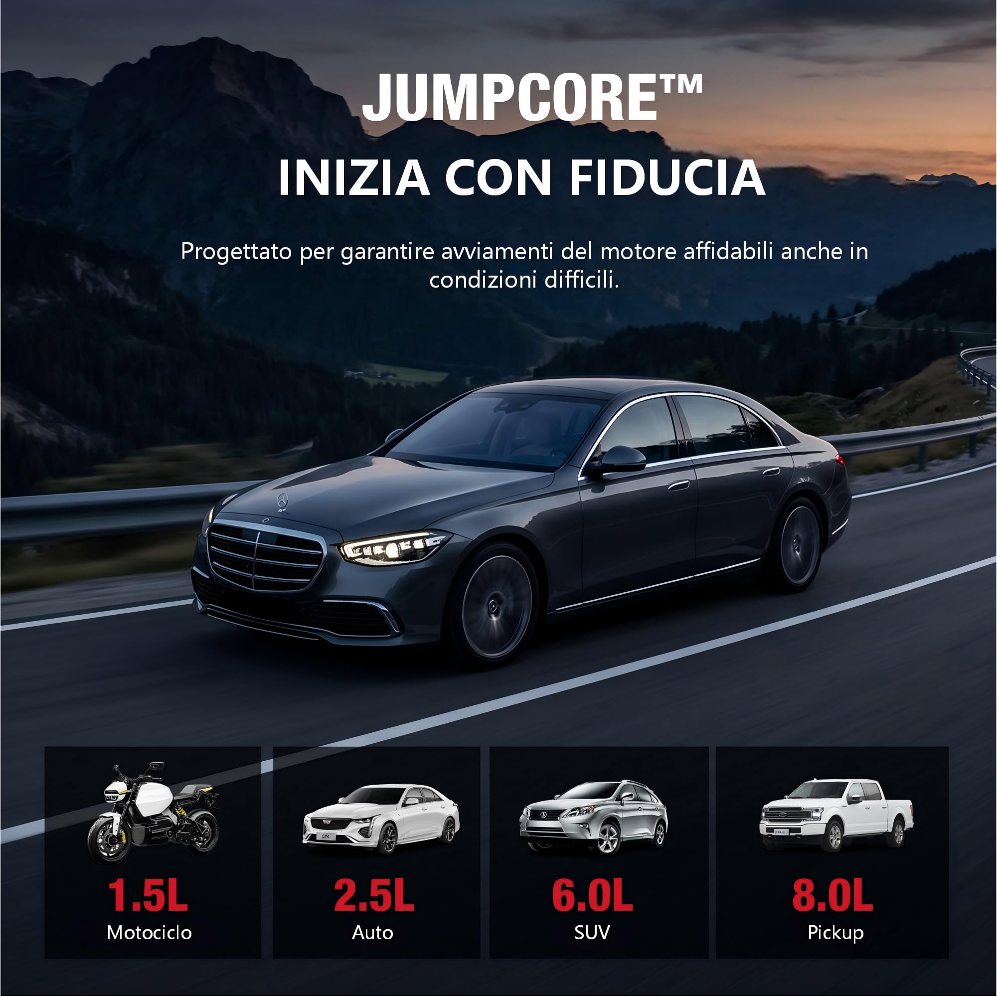 GOOLOO Avviatore di emergenza GE2000 2000A con morsetti in metallo intelligenti e ricarica rapida | 8L Gas / 6L Diesel compatibile, USB-A Fast Charging Port, Luce di emergenza LED, 12 V batteria auto Booster per auto e SUV