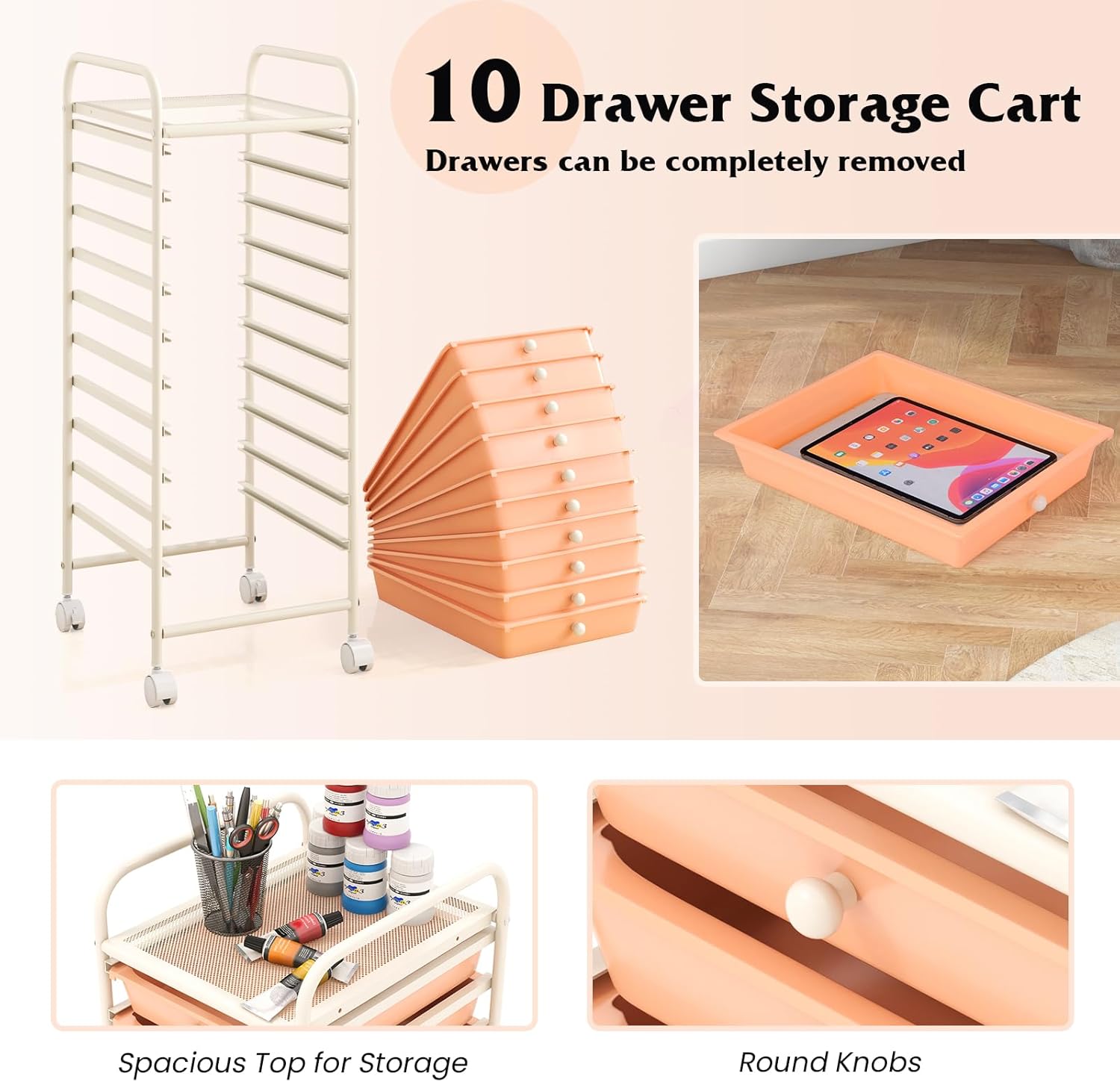 10-Drawer Rolling Storage Cart, Trolley w/Lockable 360° Wheels, 10 Removable PP Drawers, Sturdy Metal Frame, Rolling Utility Cart Perfect for Home, Office, Classroom (Peach Fuzz)